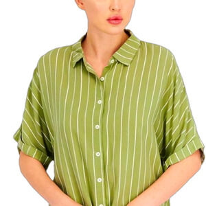 ☀️Forever 21 Spread Collar Short Sleeve Stripe Shirt Olive/Cream Size Small